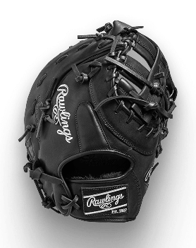Black Rawlings baseball glove with Rawlings script and Rawlings EST. 1887 tag visible.